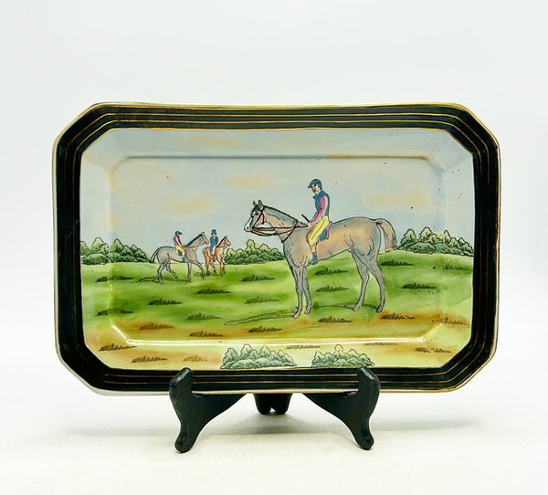 Classic vintage 80s larger size rectangle shaped decorative plate with equestrian style horse riders in landscape