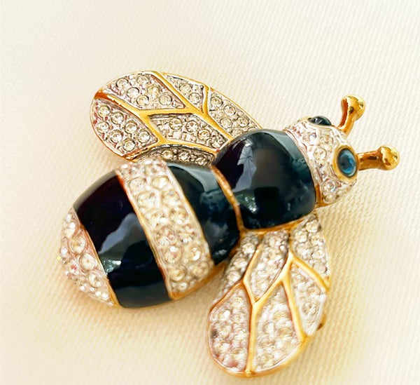 Classic black enamel bumble bee vintage brooch from the 80s with rhinestone accents