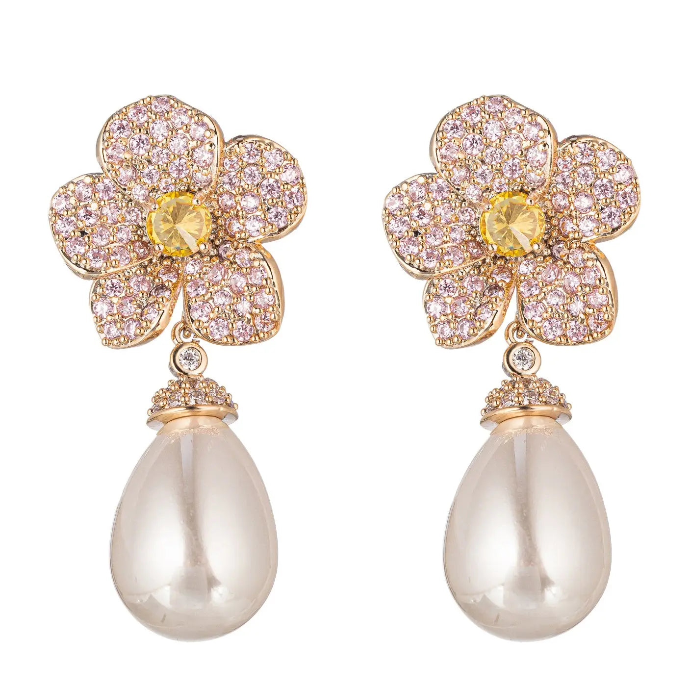 Pink Flower and Pearl - Dangle Earrings