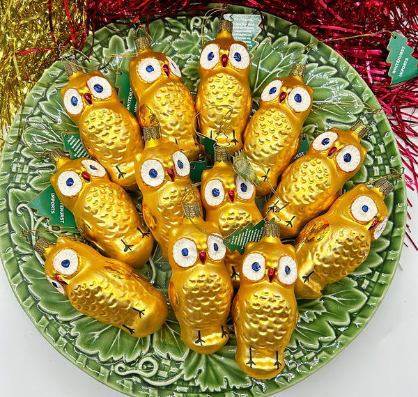 Fabulous set of 12 matching vintage owl hand blown glass Christmas tree ornaments.