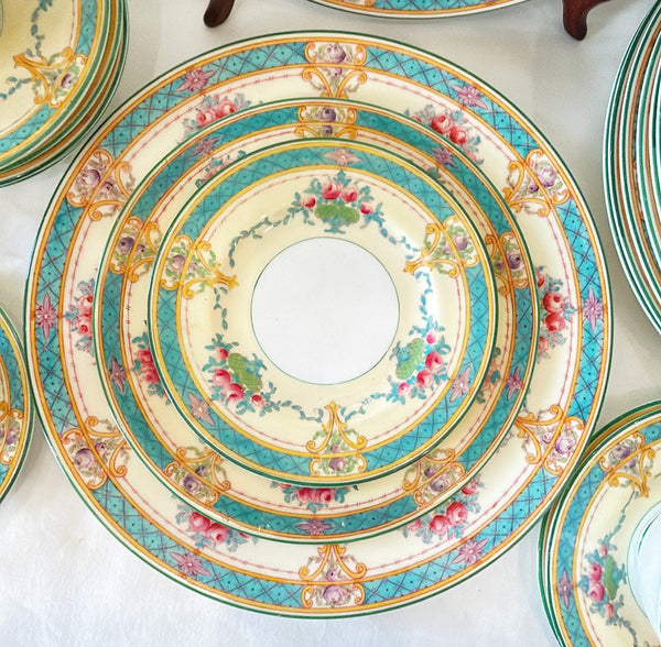 Stunning antique stamped Royal Worcester turquoise with floral swag design fine bone china collection 40 piece set.