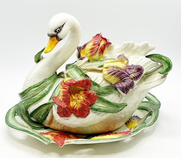 Vintage stamped fabulous Fitz & Floyd swan and tulips tureen.