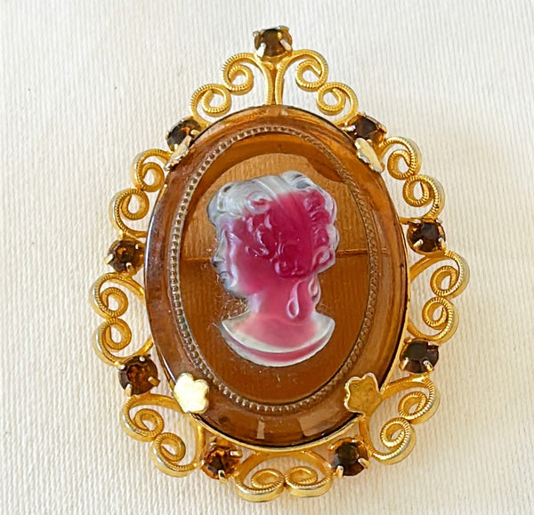 Rare signed larger oval glass cameo brooch / pendant combo