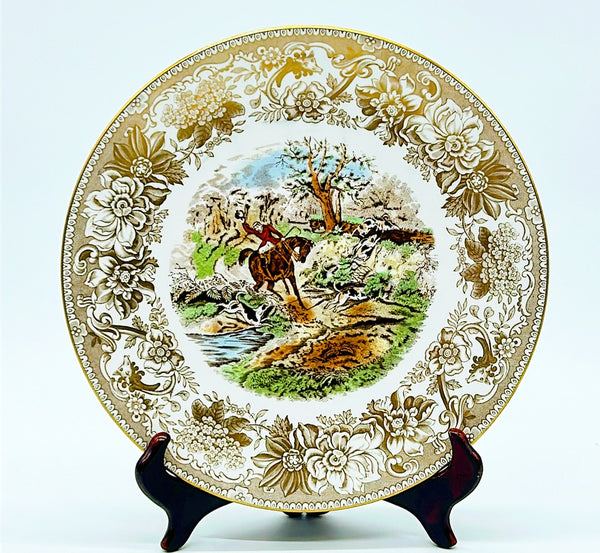 Vintage 80s SPODE stamped fine bone china plated with fox hunt scene.