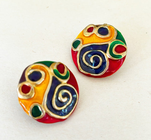 1980s signed Don-Lin pierced style enamel metal multi colored earrings