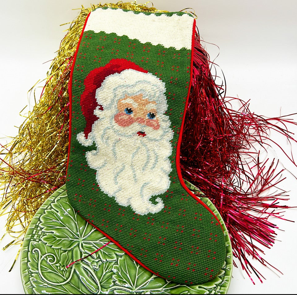 Vintage 1980s needlepoint style Christmas stocking with Santa Claus face