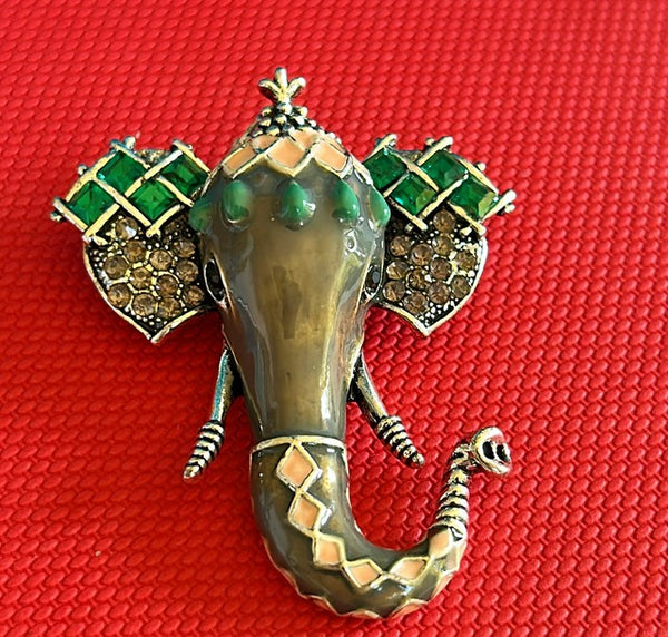 Vintage 80s elephant statement, brooch with green rhinestones,