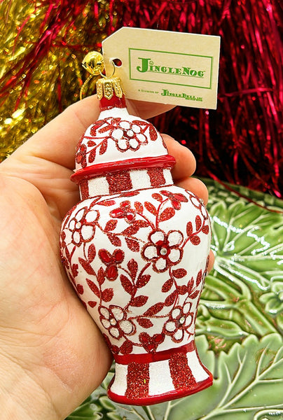 Fabulous large scale, red and white ginger jar, style ornament, hand blown glass by jingle nog.