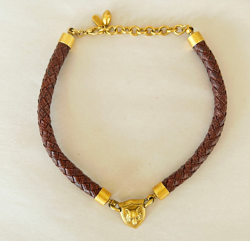 Rare vintage dig end Doncaster tan leather woven style necklace with fox head shield pendant