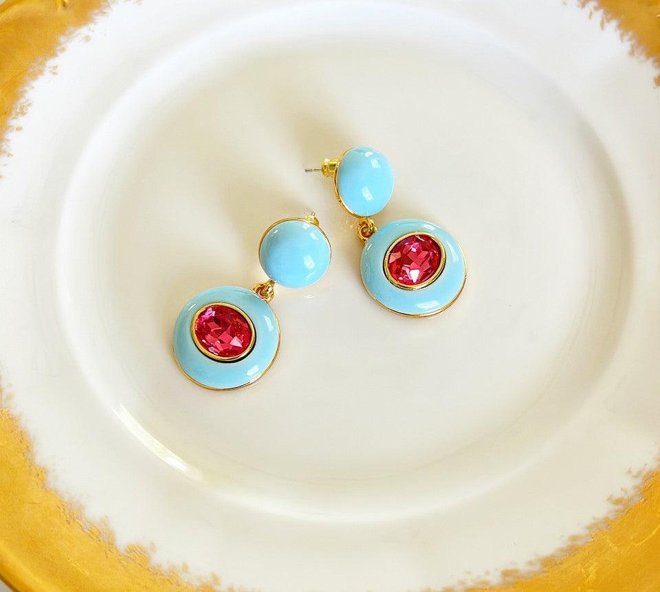 Church style pink & turquoise colored pierced dangling style earrings.