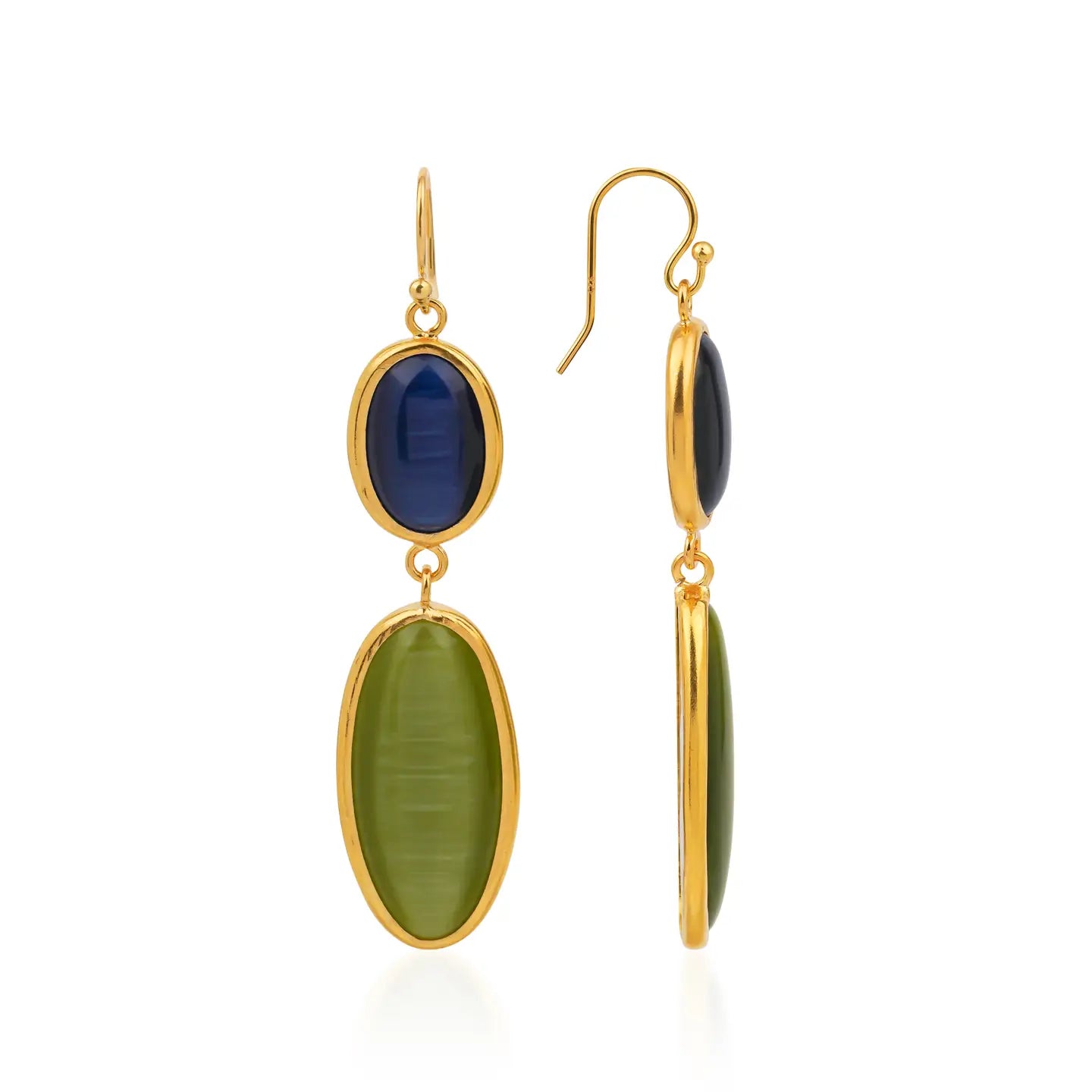 Navy blue & green cat's eye stone 2-drop earrings
