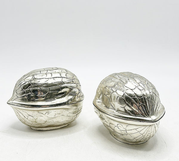 Pair of rare matching stamped silver plated peanut style decorative trinket boxes