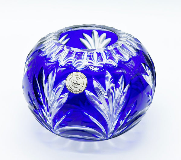 Vintage 80s blue & clear cut crystal round flower vase