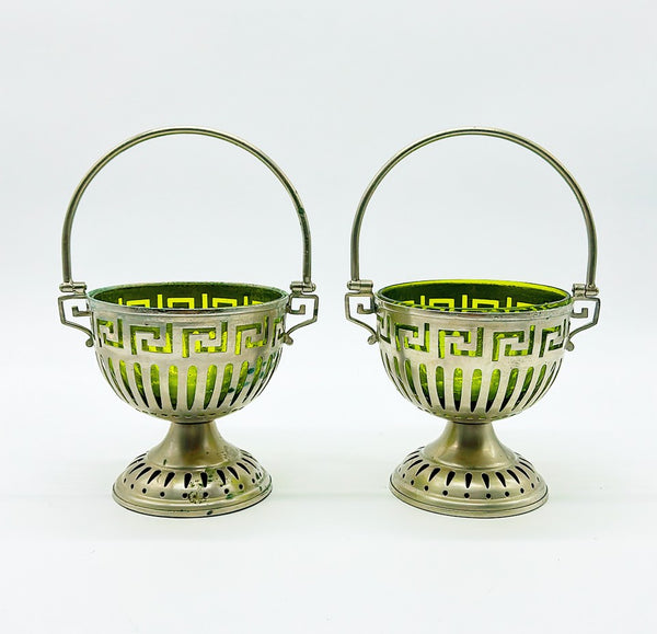 Pair of fabulous neoclassical style decorative silver bowls with lime green glass insets.