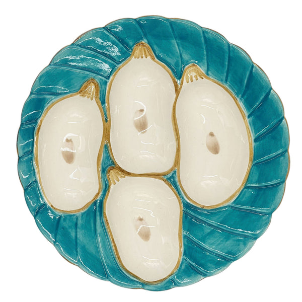 Oyster Plate, Aqua with Gold Detailing