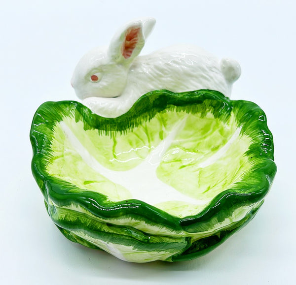 Vintage small bunny with cabbage trinket decorative bowl.