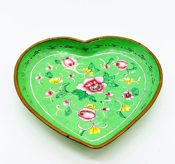 Vintage 60s heart shaped painted enamel metal trinket dish