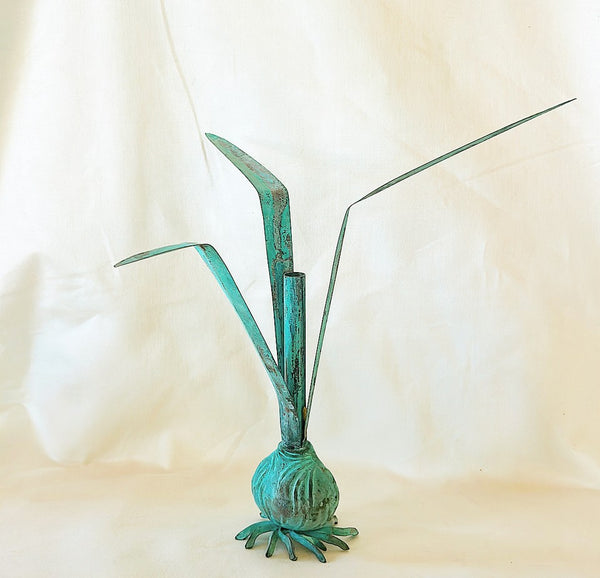 Classic Verdi green finished brass bud vase with a carnevale onion design