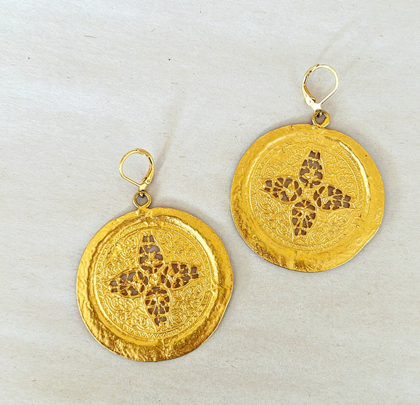 Beautiful vintage large round signed Kenneth Lane coin gilded gold metal finish earrings.