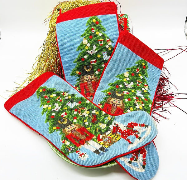 Set of three matching needlepoint style Christmas stockings vintage from the late 80s.