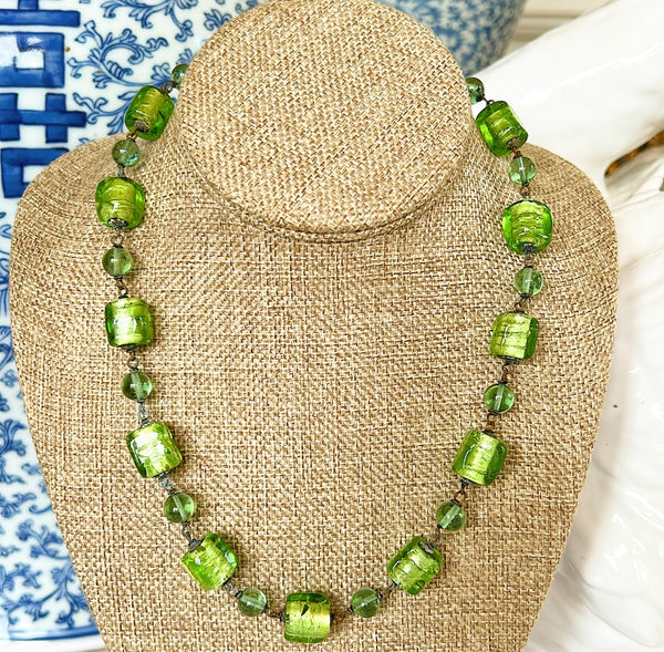 1980s designer style green glass beaded necklace from Neiman Marcus.