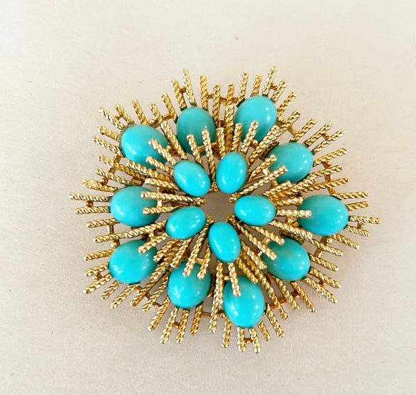 70s turquoise acrylic beaded starburst brooch