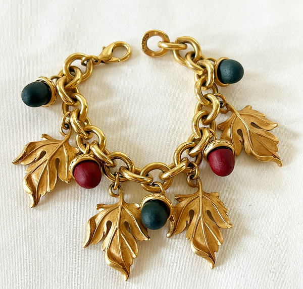 Amazing signed DKNY 1980s acorn / leaves charm style link bracelet.