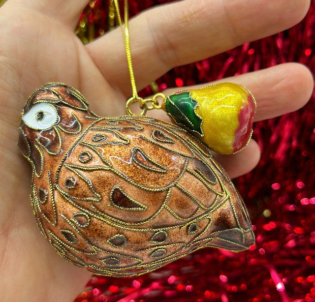 Vintage 1980s cloisonné style partridge in a pear tree design Christmas tree ornament