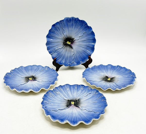 Vintage 80s set of 4 stamped OCI (sister company of Fitz & Floyd) pansy plated with textured surface and beaded scalloped edges.