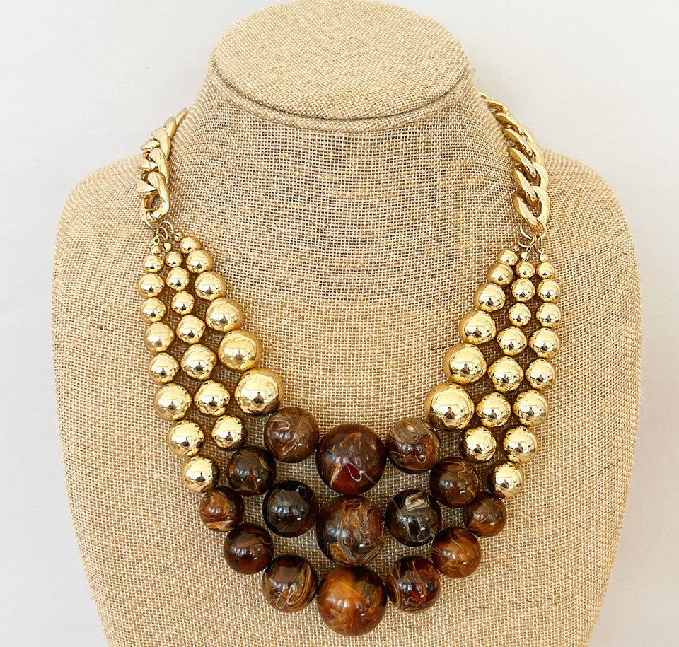 Vintage statement multi strand necklace- gold tone metal beads