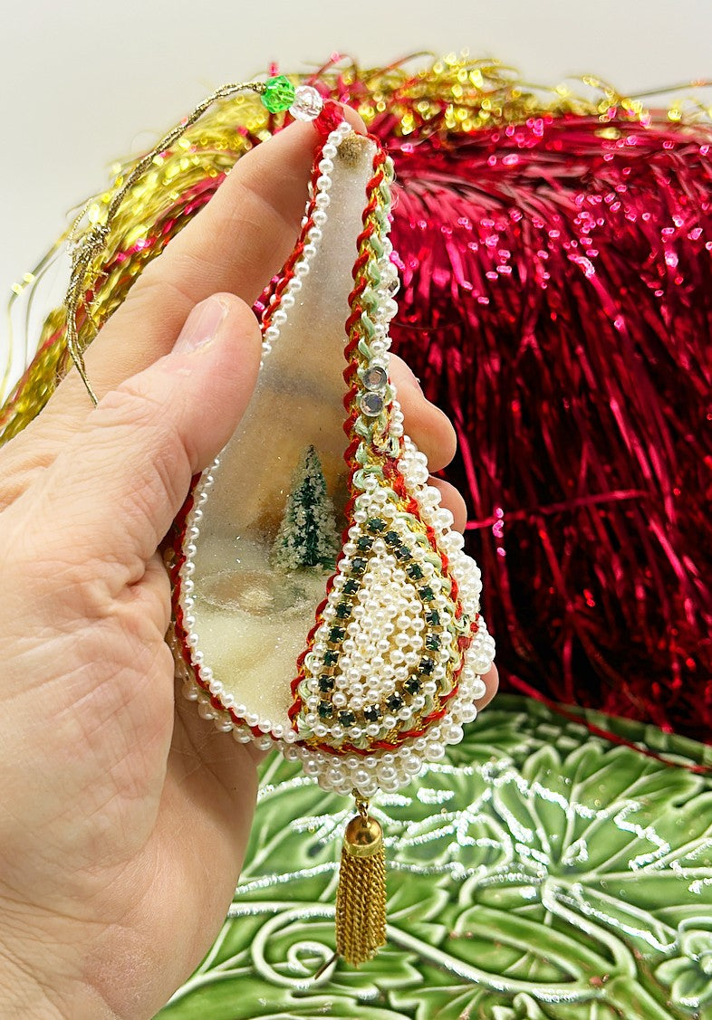 Vintage, handmade, natural seashell Christmas tree ornament.