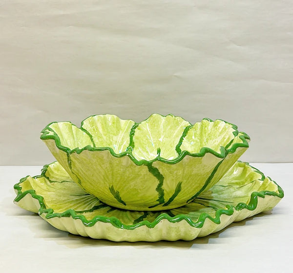 1970s vintage hand painted ceramic glazed cabbage serving bowl with matching serving plate.