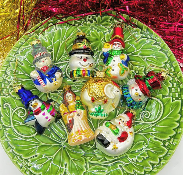Set of eight vintage 90s hand blown glass ornaments.