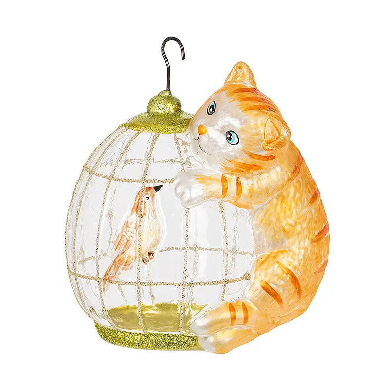 Cat On Birdcage Ornament-3.5"H