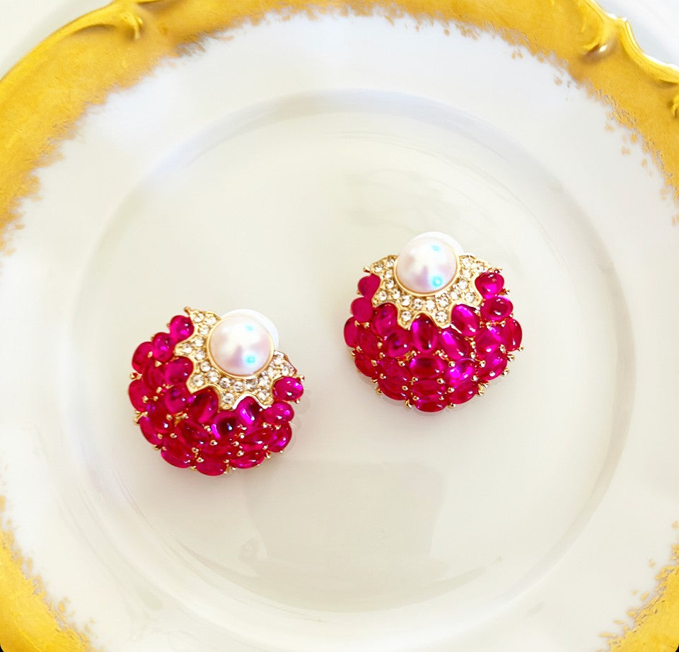 Stunning hot pink & faux pearl & rhinestone pierced earrings