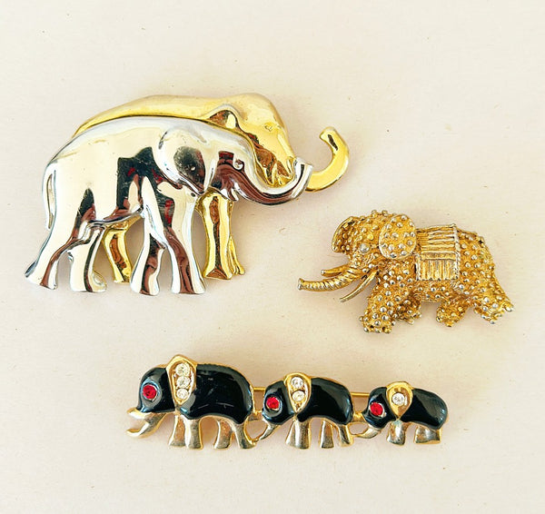 Collection of 3 vintage designer style fashion elephant brooches