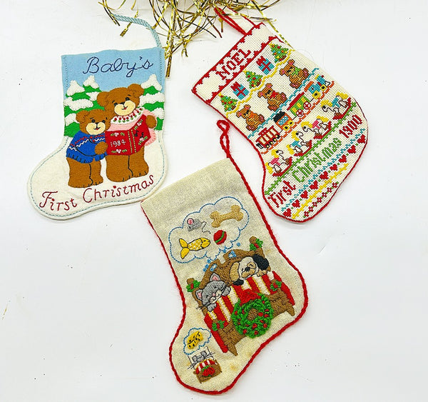 Adorable, vintage set of three hand, stitched, smaller size Christmas stockings