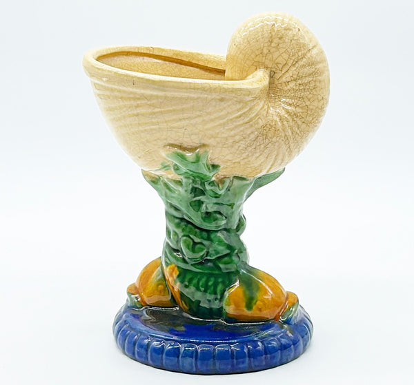 Vintage majolica style double dolphin compote with shell top.