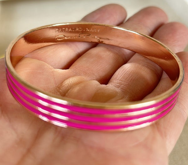 Vintage signed Oscar De La Renta pink enamel bs fake bracelet with gold metal trim - signed on the inside