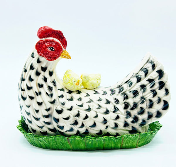 1992 stamped Fitz & Floyd black & white spotted chicken with yellow baby chicks covered dish.