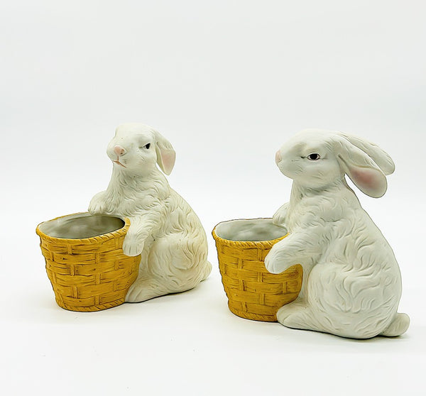 Pair of matching adorable bunnies with planter baskets.