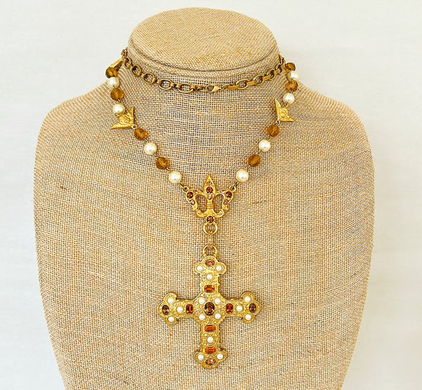 Vintage signed Cynthia Garrett statement runway style necklace with cross pendant.