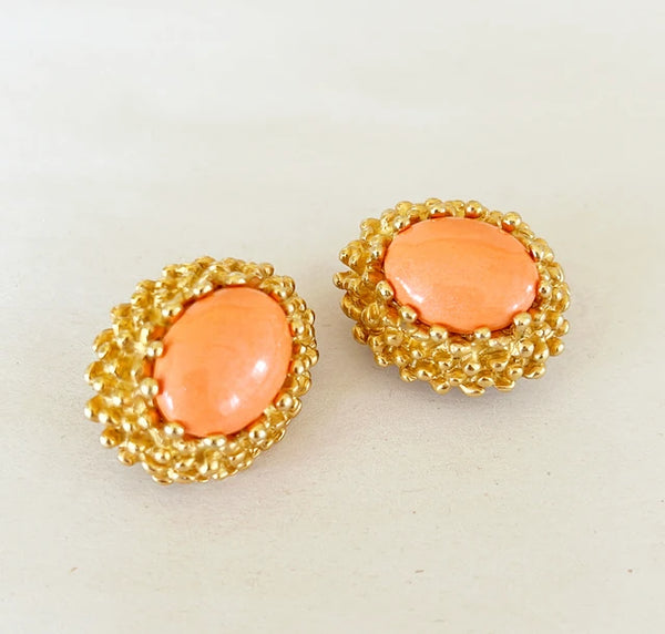 Beautiful coral colored cabochon stone oval earrings