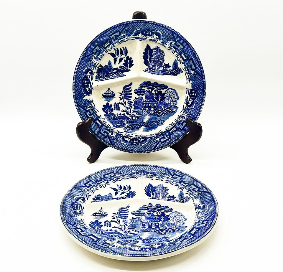 Pair of antique turn of the century blue willow made in Japan Moriyama divided grill chop plate.