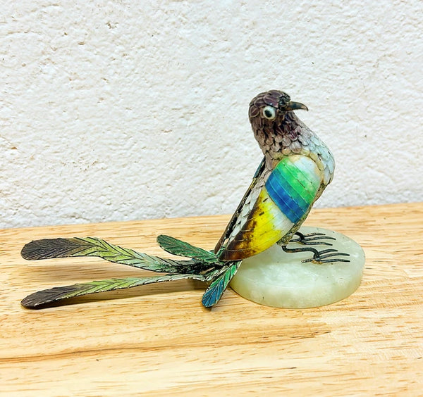 1970s rare cloisonne decorative bird on an oval jade stone base.