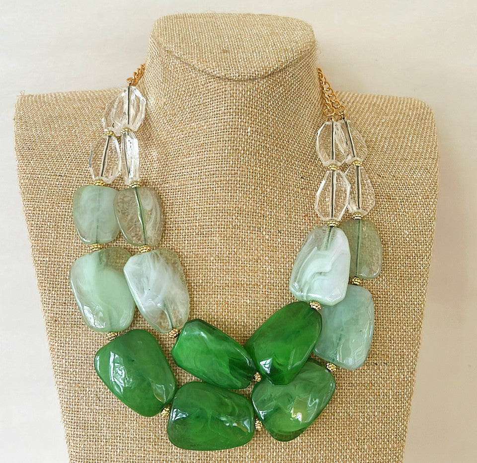 Large chunky statement necklace with multi shades of green stones.