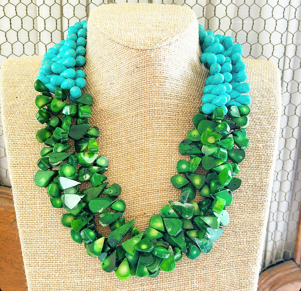 Stunning faux blue turquoise & green turquoise chunky statement necklace.