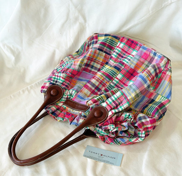 Fun vintage Tommy Hilfiger patchwork style pink/ green fabric hand bag.