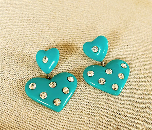 Vintage 80s turquoise blue heart dangle, pierced designer earrings