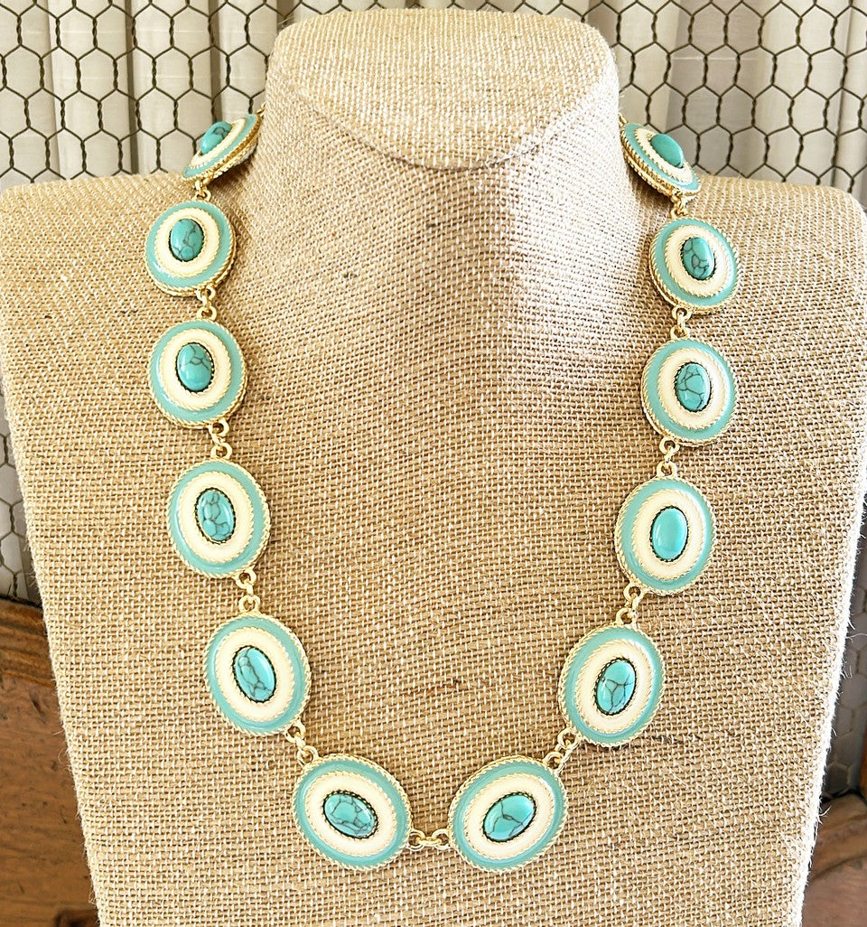 Beautiful turquoise faux stone necklace with creamy white & turquoise enamel accen